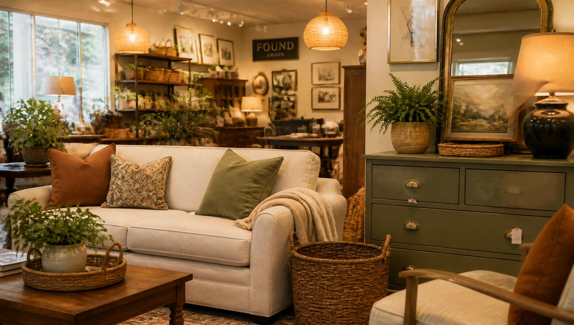 Cozy consignment shop interior with sofa, plants and vintage furniture